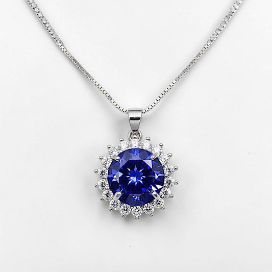 10mm 3 ct Tanzanite Necklace - Princess Diana Sunflower Simple Solitaire Halo - Lab Created Energic Blue Tanzanite Pendant #505