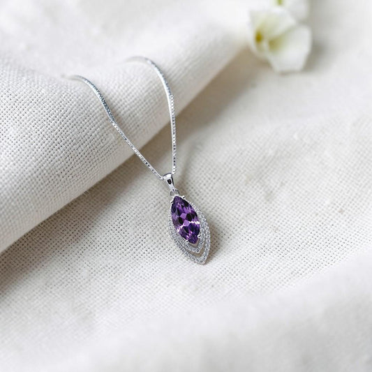 Genuine Marquise Amethyst Necklace, Sterling Silver - White Gold Coated Double Diamond Halo - Large 3 CT Created synthetic Diamond Leaf