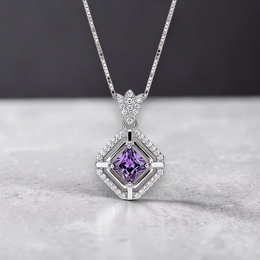 Genuine Square Amethyst Necklace Sterling Silver White Gold Plated Halo 0.9 CT Purple Amethyst Pendant Jewelry February Birthstone #104