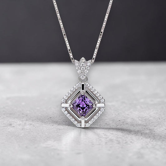 Genuine Square Amethyst Necklace Sterling Silver White Gold Plated Halo 0.9 CT Purple Amethyst Pendant Jewelry February Birthstone #104