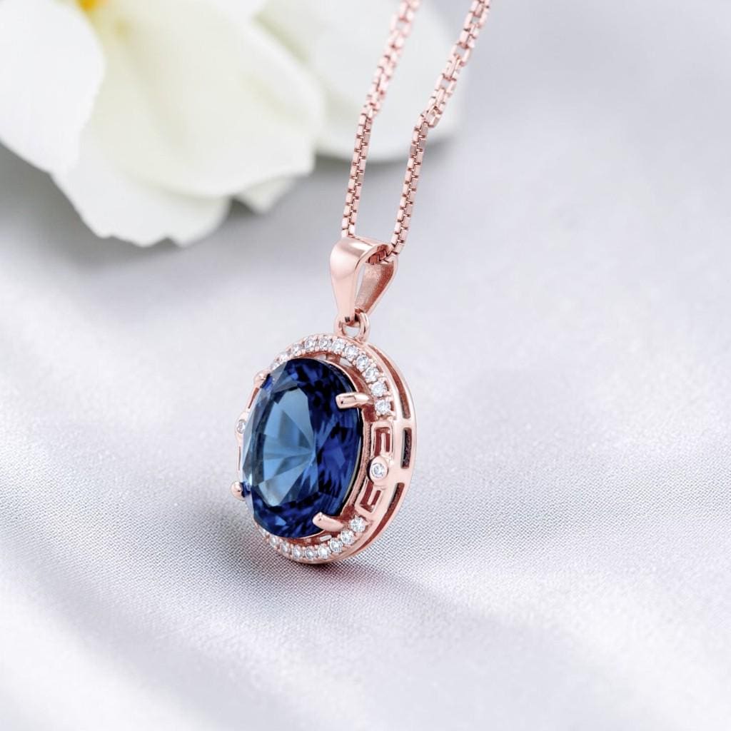 Rose Gold Blue Sapphire Necklace 4.5 CT Oval Royal Blue Gemstone Gemstone Halo Sterling Silver Pendant September Birthstone #745