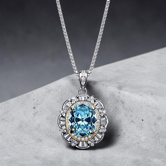 Large Aquamarine Necklace - March Birthstone - 18KGP @ Sterling Silver - Gemstone Royal Flower Style - 2.8 CT Blue Aquamarine Jewelry #722