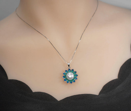 Genuine Freshwater Pearl Necklace - Sterling Silver Blue Lotus Flower Necklace 1105