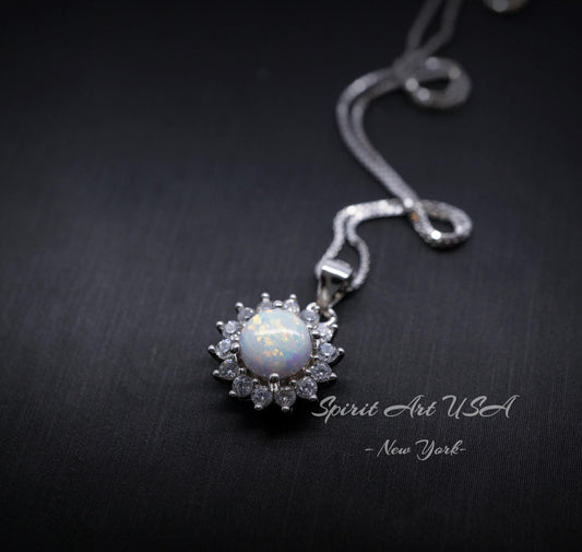 Opal Necklace - Princess Diana Necklace - Solitaire White Fire Opal Full Sterling Silver #001