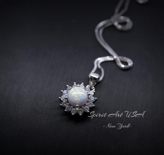 Opal Necklace - Princess Diana Necklace - Solitaire White Fire Opal Full Sterling Silver #001