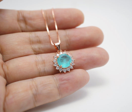 Blue Paraiba Tourmaline Necklace 8mm- Rose Gold Coated 925 Sterling Silver Princess Diana Style Hola Paraiba Pendant 085