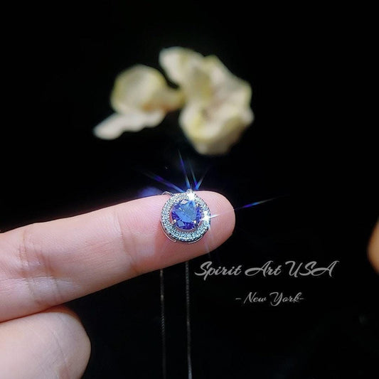 18KGP Sterling Silver Tanzanite Choker - Minimalist Blue Gemstone Halo Lab Created Tanzanite Necklace 065