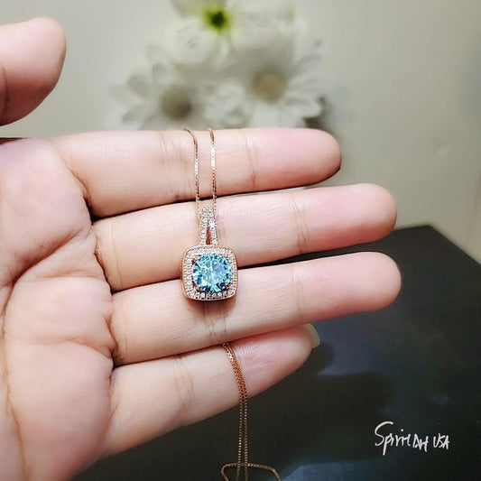 Round Aquamarine Necklace - Rose Gold Square Blue Stone Pendant - Solitaire 8 mm Blue Aquamarine Jewelry #140