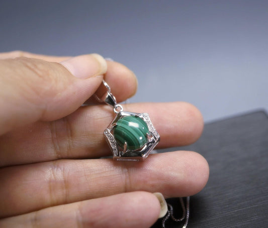 Genuine Malachite Necklace Silver - 925 Sterling Silver Green Malachite Pendant , Geometric Hexagonal Malachite Jewelry #137