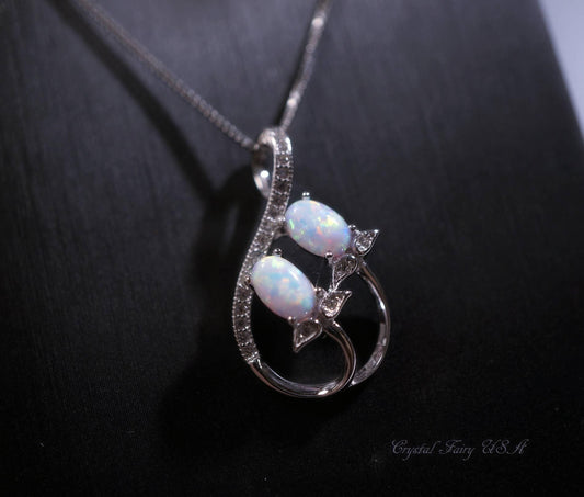 Opal Necklace - 18kGP @ Sterling Silver - Rose Gold - Created White Opal Necklace - Double Oval Opal Leaf Style #127