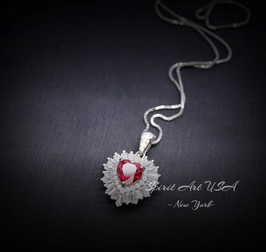 Double Halo Ruby Necklace - Red Ruby Heart Pendant - 18KGP @ Sterling Silver - Dainty Ruby Pendant - July Birthstone #268