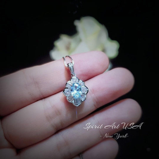 Aquamarine Necklace - Tiny Gemstone Flower Style Blue Aquamarine Pendant - Small Mini Blue Aquamarine Jewelry #310