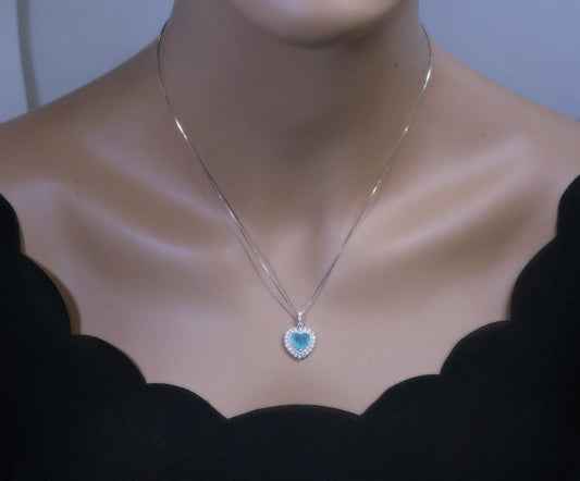 Heart Blue Paraiba Tourmaline Necklace double halo Heart Halo Blue Gemstone Pendant Jewelry #256