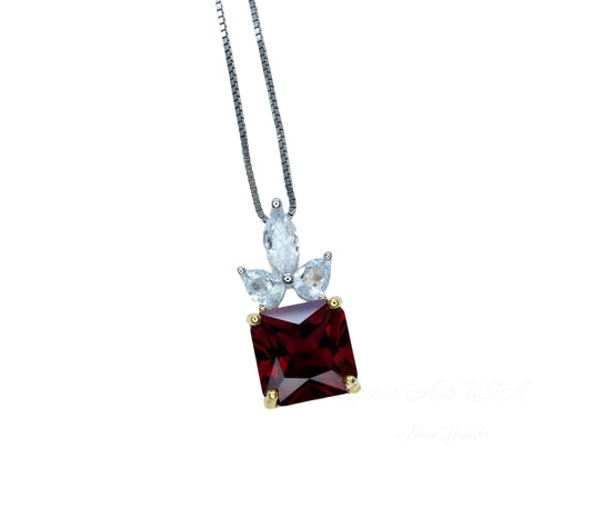 Pigeon Blood Ruby Necklace - Square Scisson Cut Red Ruby Pendant - 18KGP Sterling Silver Floral Design Three petal flower #412