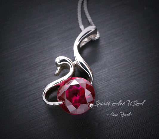 Swan Ruby Necklace Sterling Silver 18KGP Ruby Pendant July Birthstone - Sterling Silver Swan Jewelry - Solitaire Ruby chain #280