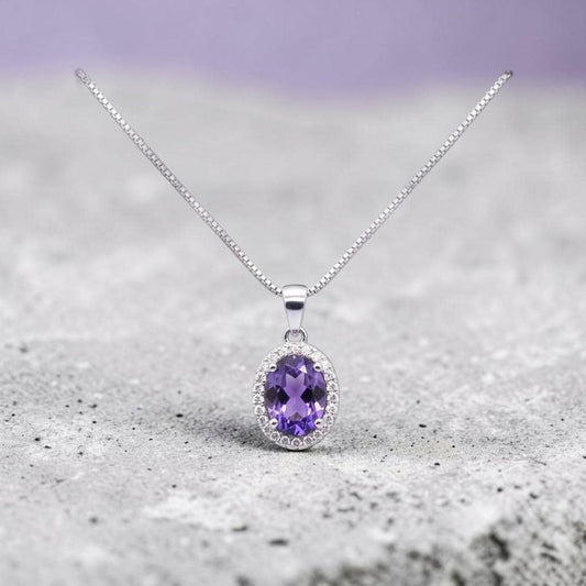 Sterling Silver Halo Natural Amethyst Necklace - Crown Chakra Healing Genuine Salitaire Oval Amethyst Pendant 1080