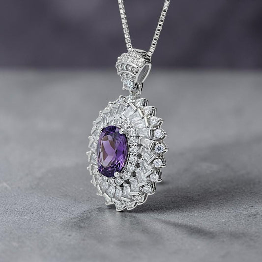Natural Amethyst Necklace Double Halo Amethyst Pendant Genuine Purple Gemstone - February Birthstone 18KGP @ Sterling Silver #834