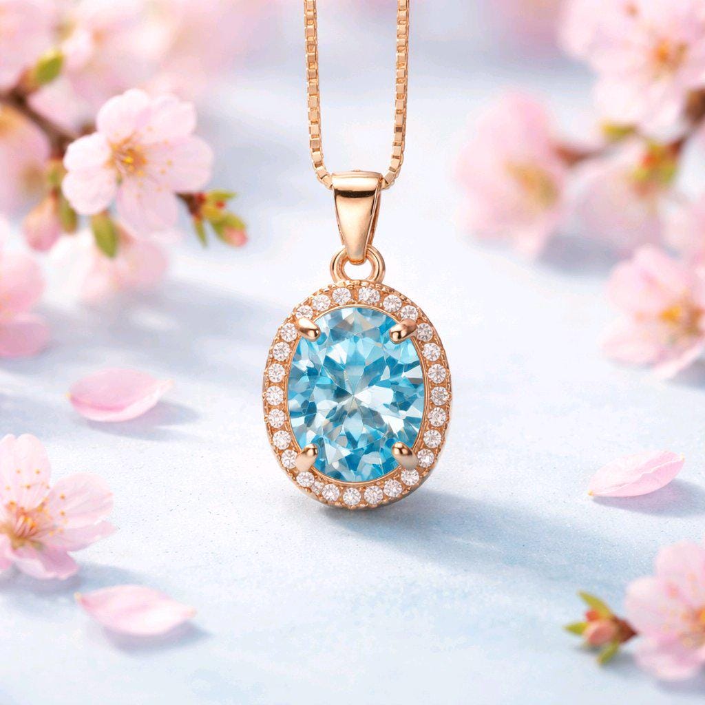Aquamarine Necklace - Rose Gold Halo Blue Aquamarine Pendant - 18kgp @ Sterling Silver - March Birthstone #300
