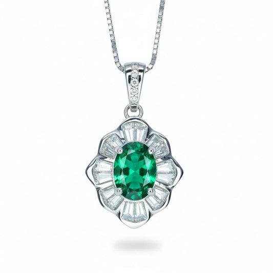 Tiny Emerald Necklace - 18kgp @ Sterling Silver - Mini Green Emerald Pendant - Gemstone Flower Style - May Birthstone #197