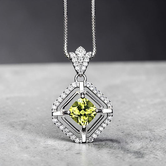 Genuine Square Peridot Necklace 18KGP @ Sterling Silver - Double Halo 0.9 CT Green Peridot Pendant Jewelry - August Birthstone #033
