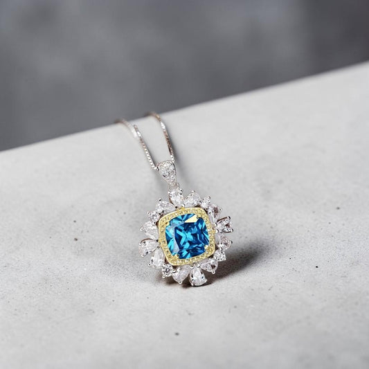 Blue Topaz Necklace 18kgp @ Sterling Silver Large Square Radiant Cut Halo 7 CT Blue Topaz Gemstone Pendant November Birthstone #808