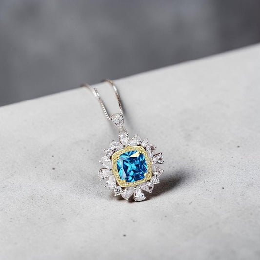 Blue Topaz Necklace 18kgp @ Sterling Silver Large Square Radiant Cut Halo 7 CT Blue Topaz Gemstone Pendant November Birthstone #808