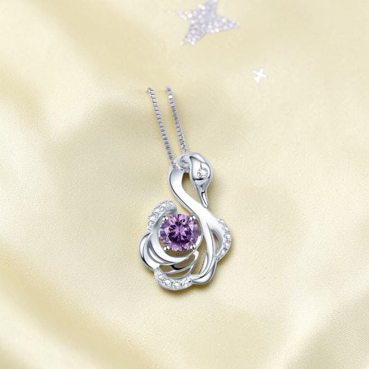 Gemstone Swan Genuine Amethyst Necklace - 18KGP @925 Sterling Silver Round Natural Amethyst Pendant #411