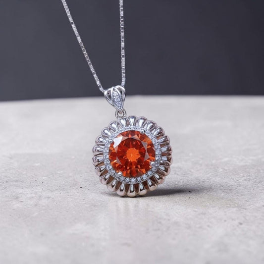 Tangerine Sapphire Sunstone Necklace - 18KGP Sunflower Pendant Full Sterling Silver Sunstone Jewelry Orange Spessartite Garnet Necklace #506