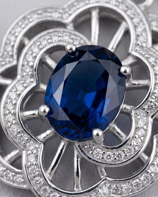 Gemstone Peony Blue Sapphire Necklace , 2.1 CT Blue Gemstone Pendant , Large White Gold plated Sterling Silver Flower Sapphire Jewelry #561