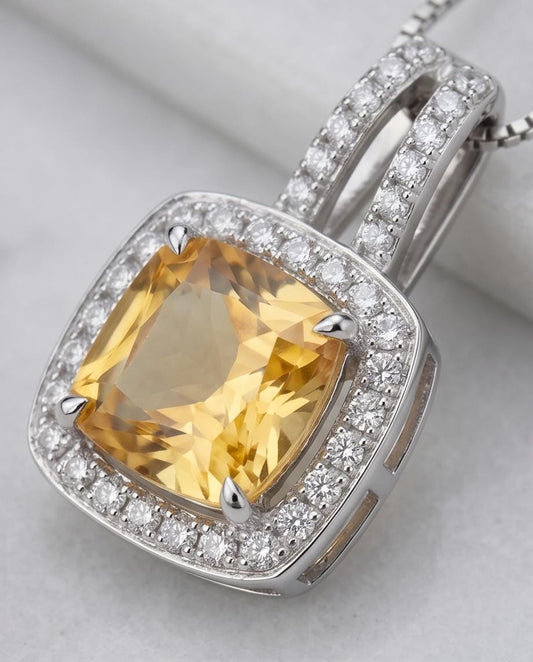 Natural Citrine Necklace Sterling Silver - 8mm Round Genuine Citrine Pendant - November Birthstone Crystal Healing Solitaire Citrine Jewelry