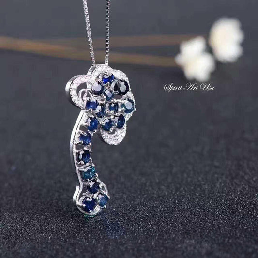 Genuine Blue Sapphire Necklace, Auspicious Sterling Silver Cloud Necklace, Luxury Blue Gemstone Necklace