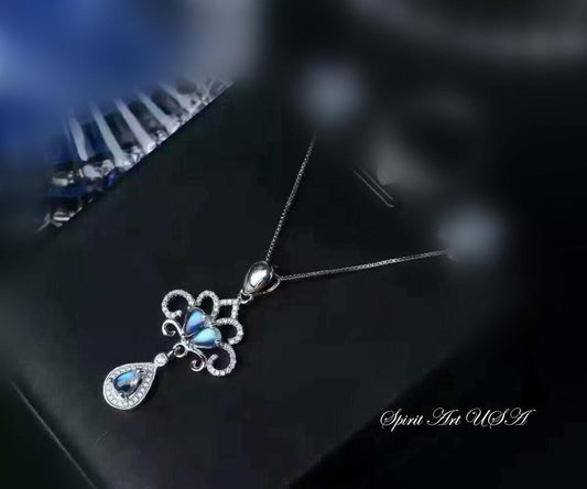 Blue Moonstone Necklace, Flash Moonstone Pendant, Sterling Silver Peacock Tail Necklace,