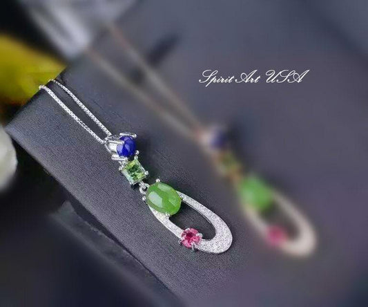 Emerald Jade Necklace - Sterling Silver Genuine Green Jade Pendant - Lapis Lazuli Pink Tourmaline Peridot Necklace