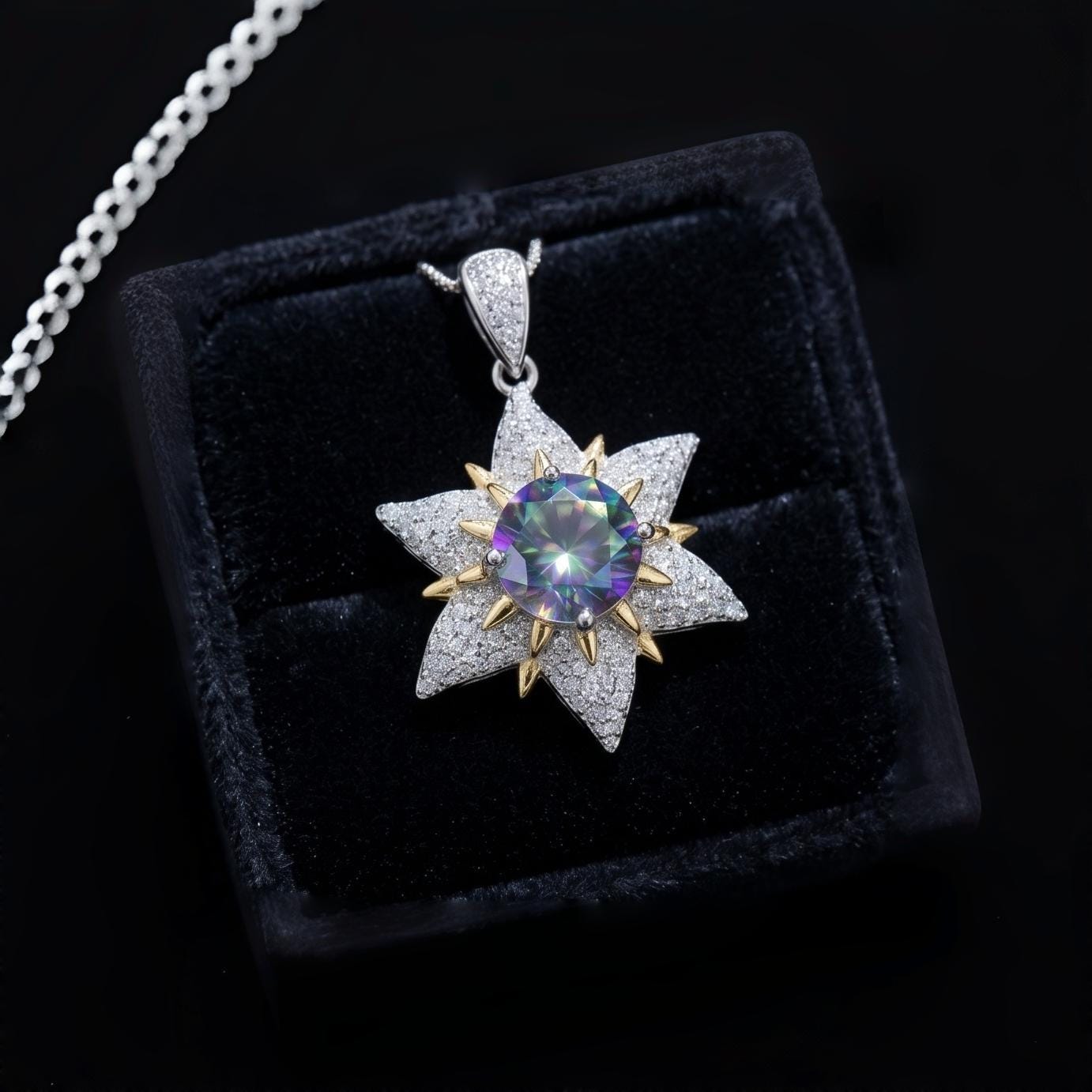 Gemstone Star Mystic Topaz Necklace - 18KGP Sterling Silver - 6 Point Star Pendant - 2CT Hexagram Art Deco Rainbow Topaz Jewelry #816