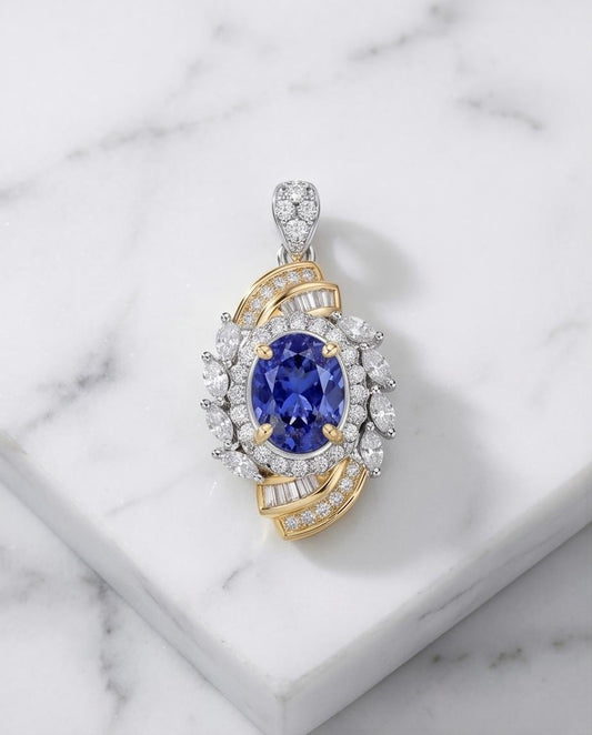 Tanzanite Necklace - Life Spiral Pendant - 1.5 CT Lab Created Blue Tanzanite Jewelry - Spiritual Diamond Flower 18KGP @ Sterling Silver #644