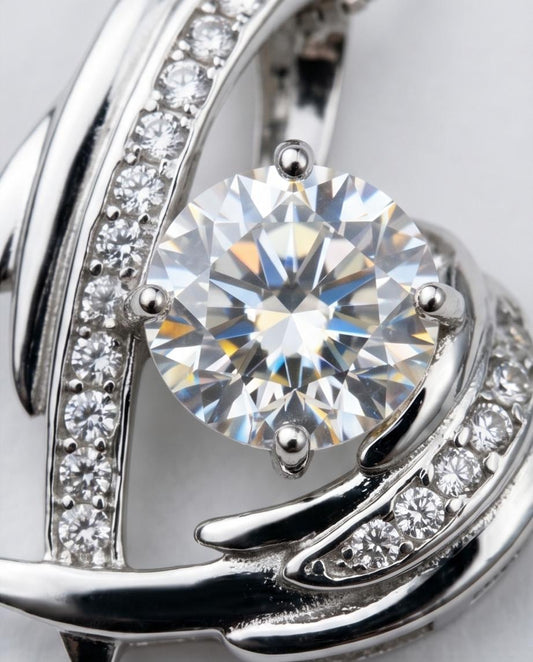Angel Wing Genuine Moissanite Gemstone Necklace - GRA Certificate Round Cut Moissanite Gemstone Jewelry Pendant 1 CT 6.5 MM D color #887