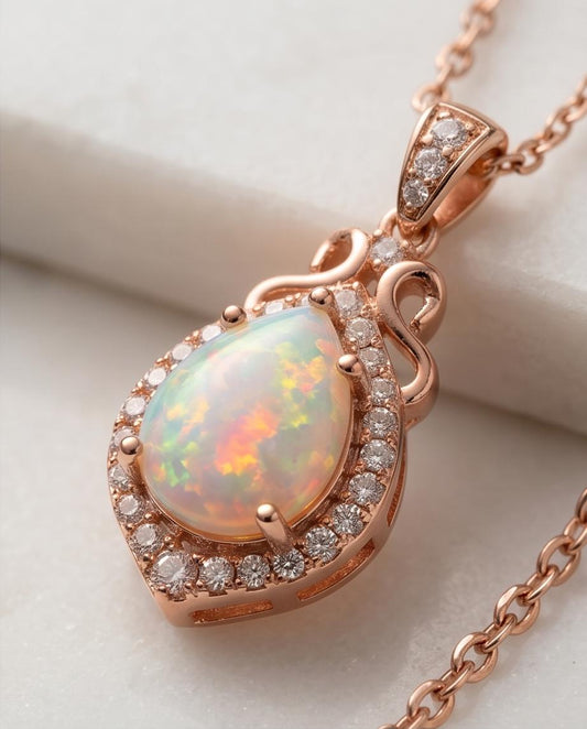 Rose Gold Fire Opal Necklace Sterling Silver Teardrop Tiny White Opal Pendant Solid 18kgp 074