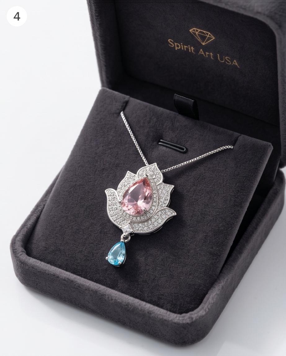 Pink Morganite Necklace Gemstone Lotus Flower Pendant Full Sterling Silver White Gold coated Teardrop Halo Large Pink Gemstone 3 CT #920