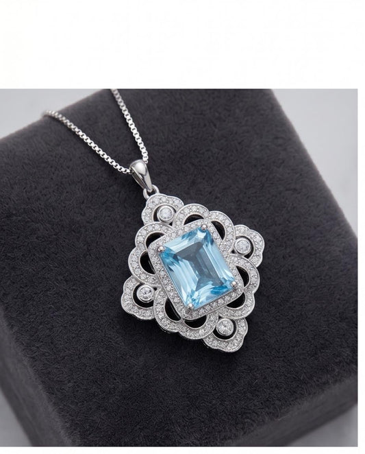 Gorgeous Large Blue Aquamarine Necklace Diamond 18kgp @ Sterling Silver flower of Ascension Pendant Faceted Rectangle 5 CT Aquamarine #897
