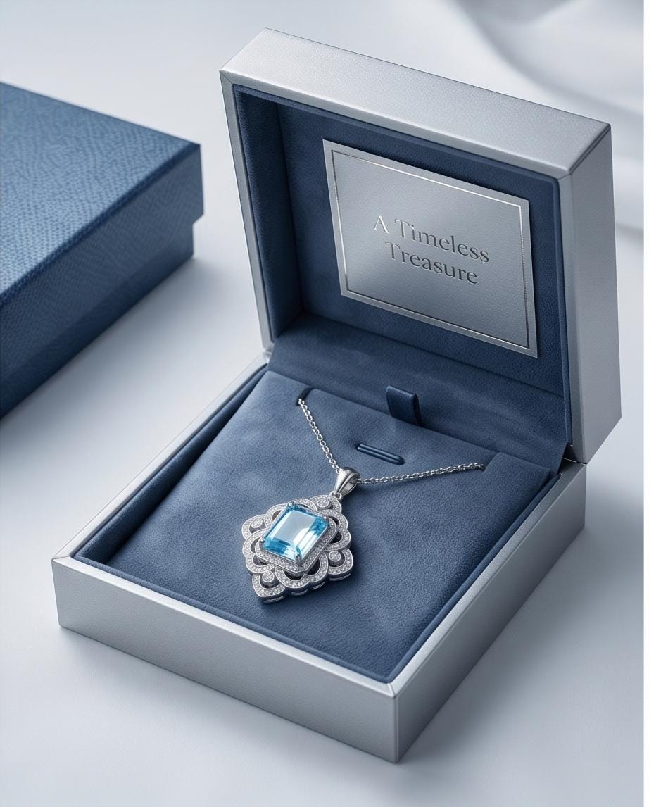 Gorgeous Large Blue Aquamarine Necklace Diamond 18kgp @ Sterling Silver flower of Ascension Pendant Faceted Rectangle 5 CT Aquamarine #897
