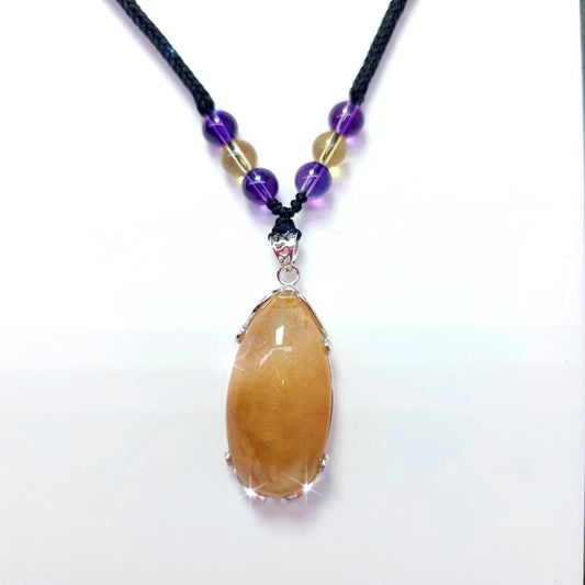 Natural Golden Rutilated Quartz Pendant Necklace with Citrine & Amethyst, Golden Hair Quartz Healing Crystal Jewelry Chunky Stone gift