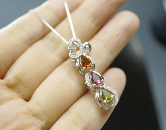 Tourmaline Necklace - Sterling Silver High Quality Tourmaline Pendant - Multi Gemstone Necklace