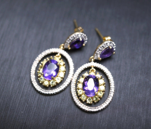 Luxury Amethyst Earrings, Peridot White Sapphire Sterling Silver Dangle Earrings, Bridal Gemstone Earrings, High Quality