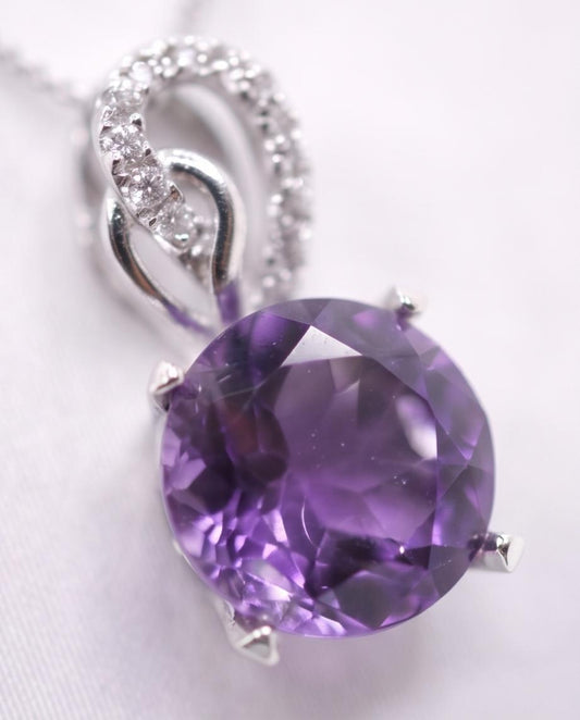 Genuine Amethyst Necklace - Sterling Silver - 8 mm 2 CT Round Solitaire - Natural Amethyst Pendant #263