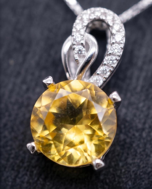 Genuine Citrine Necklace Sterling Silver Single Simple Round Natural Citrine Pendant 1106