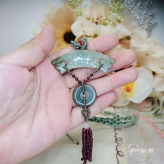 Jade Necklace, Green Jadeite Dragon Totem Jewelry : Sterling Silver Archaistic Jewelry , Chunky Stone Spiritual Gift