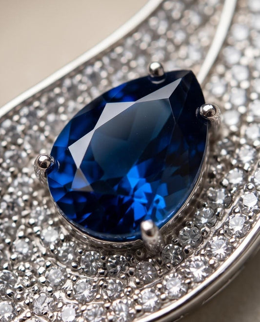 Gemstone Leaf Blue Sapphire Necklace White Gold coated Full Sterling Silver - Large Single 3 CT Teardrop Blue Sapphire Gemstone Jewelry #907