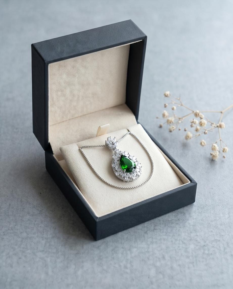 Chrome Diopside Necklace - Diamond Flourishing Wheat Style - Teardrop Pear Cut - 18KGP @ Sterling Silver - 3 CT Green Diopside Pendant #885
