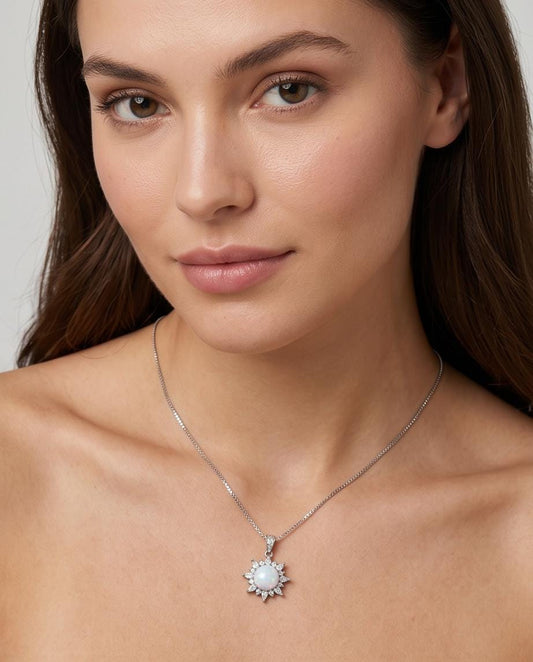 Opal Sunburst Pendant, Sterling Silver Flower Necklace, White Opal Halo Necklace, Celestial Jewelry, Dainty Adjustable Chain, Gift for Her