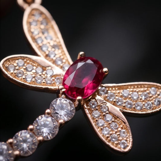 Dragonfly Ruby Necklace - Rose Gold Coated 925 Sterling Silver - July Birthstone oval cut red ruby 16" ~20" Chain #337